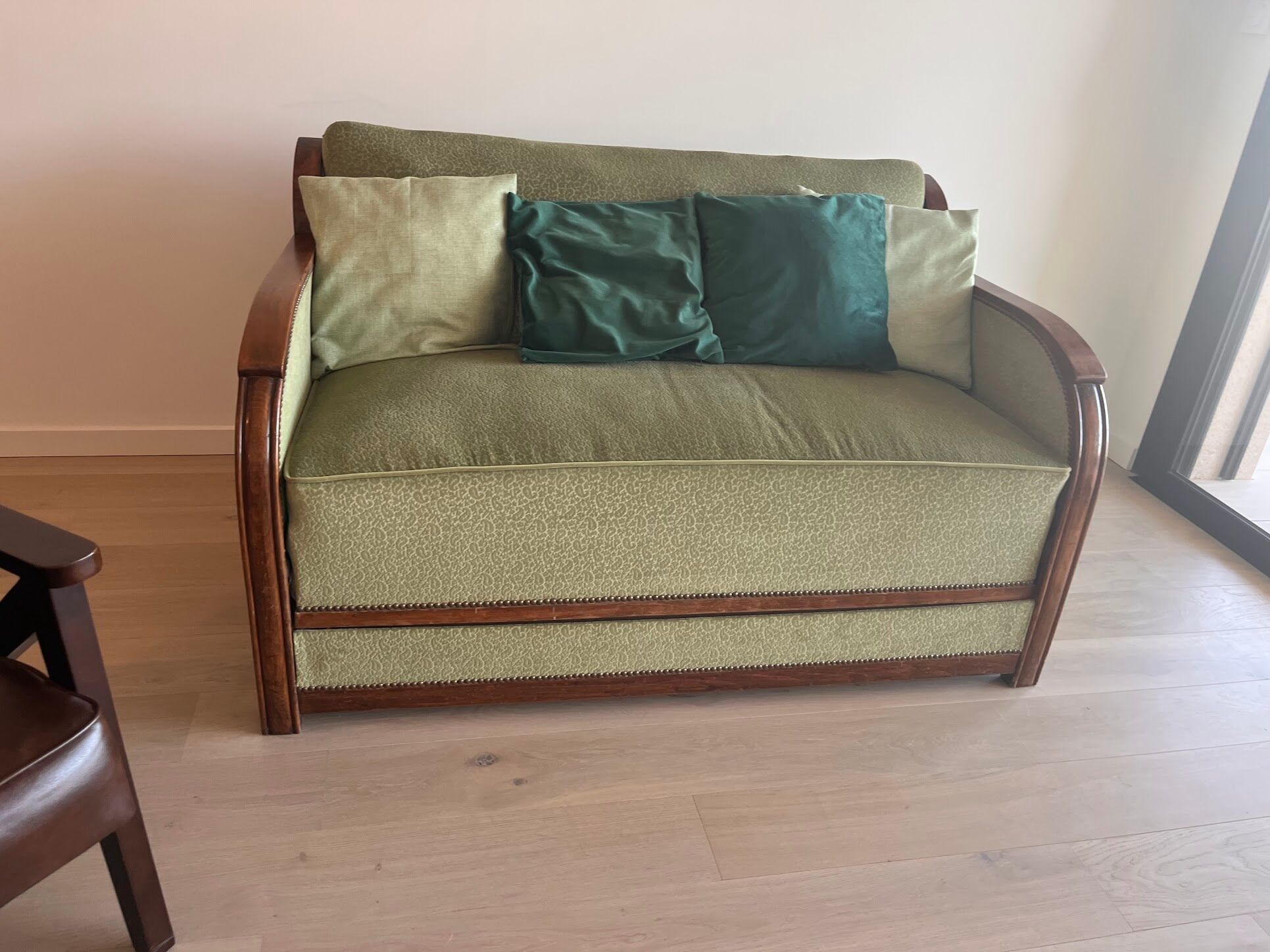 2-seater Art Deco sofa — Wooden frame, sage green fabric