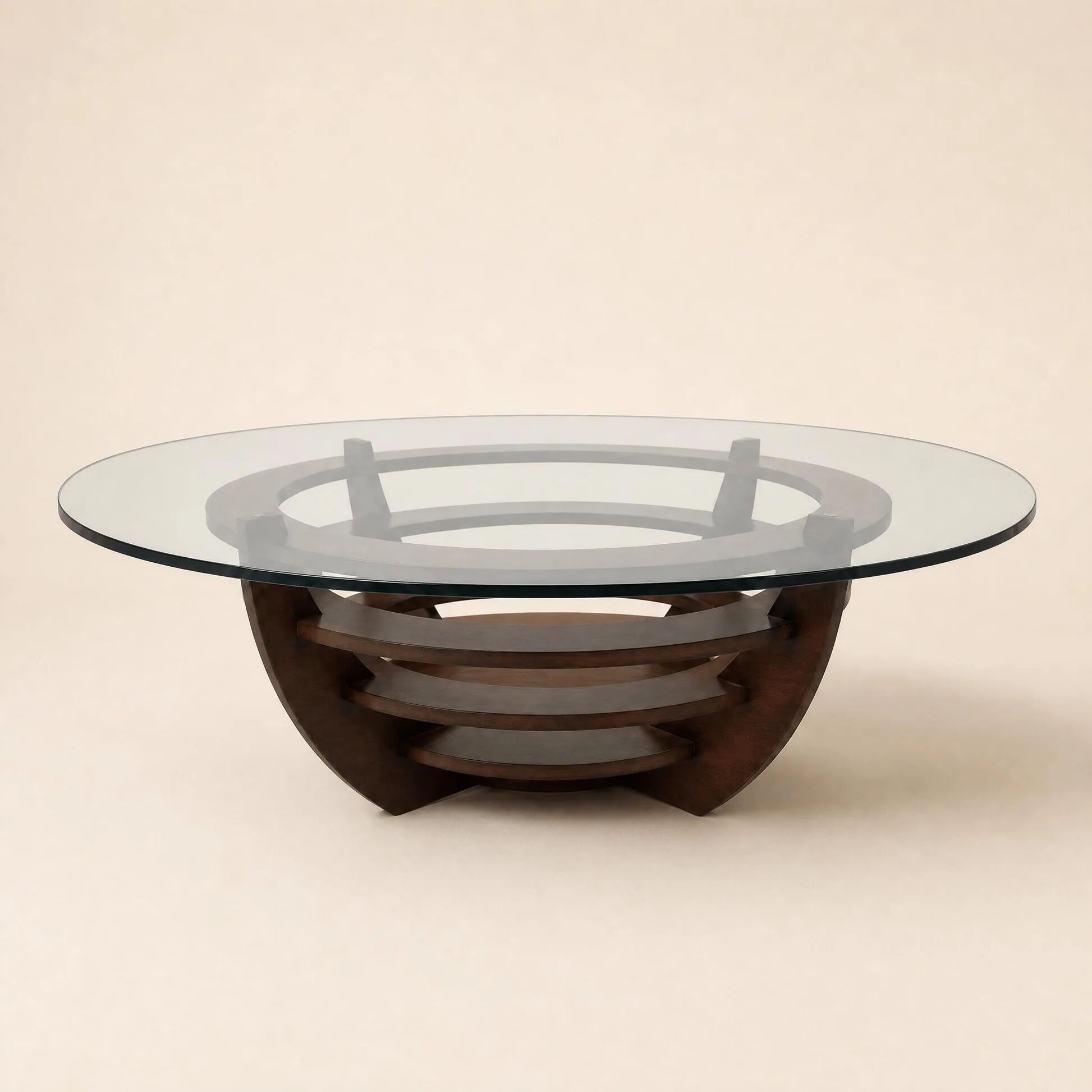 Sculptural coffee table with concentric rings, glass and wood, circa 1985.