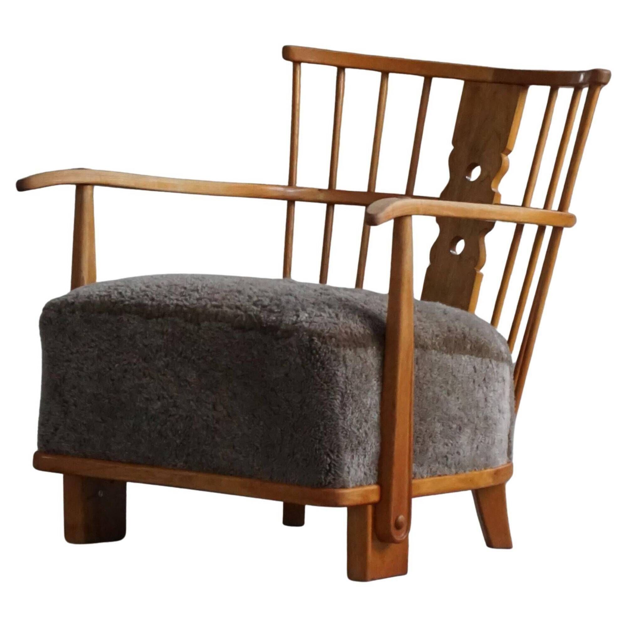 Armchair by Fritz Hansen, Model 1590, Elm & Lambswool, Scandinavian Modern, 1940s