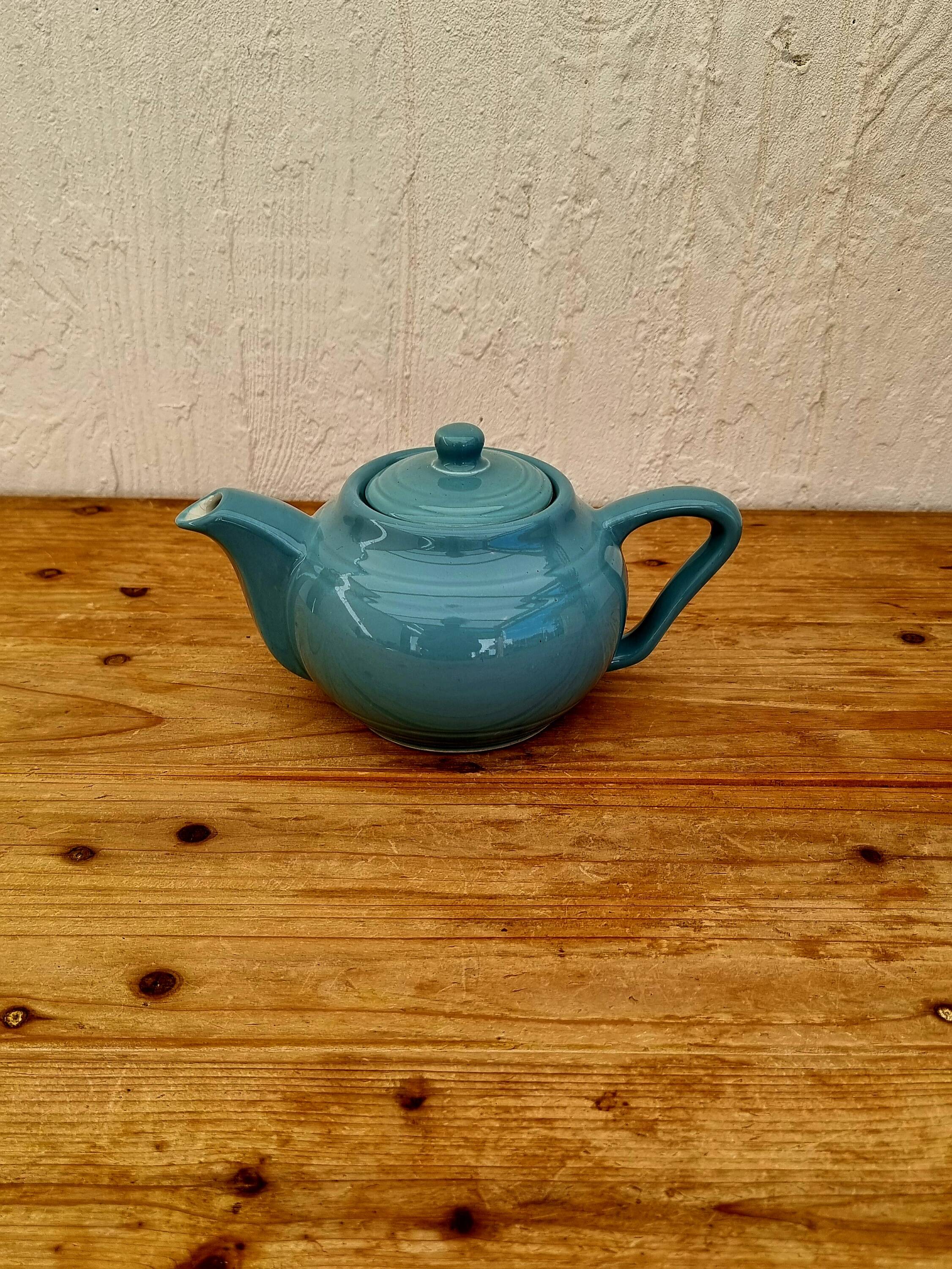 60s blue ceramic teapot