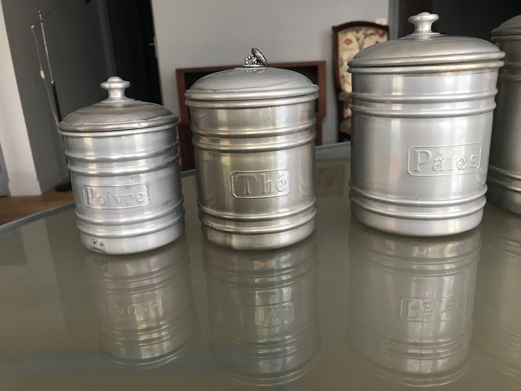 Series of 6 aluminum grocery jars