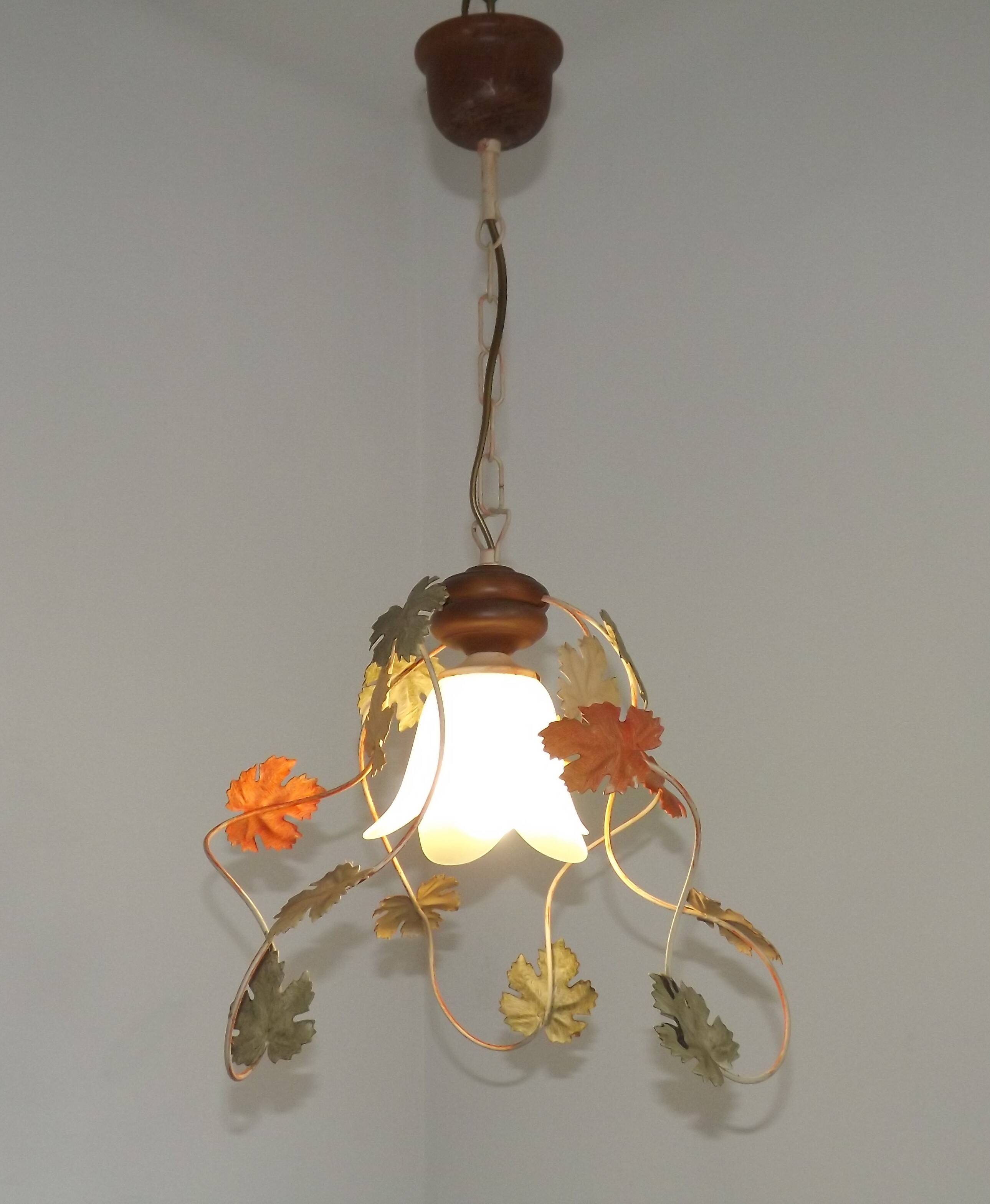 French Vintage Leaf Metal and Wood Hanging Light Textured Glass Shade