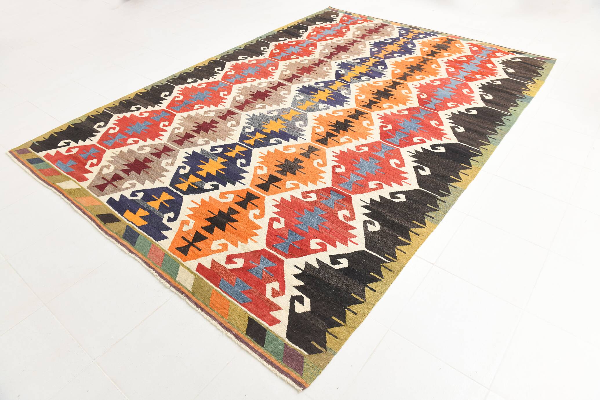 8x12 Multicolor Geometric Vintage Kilim Rug, 252x361Cm