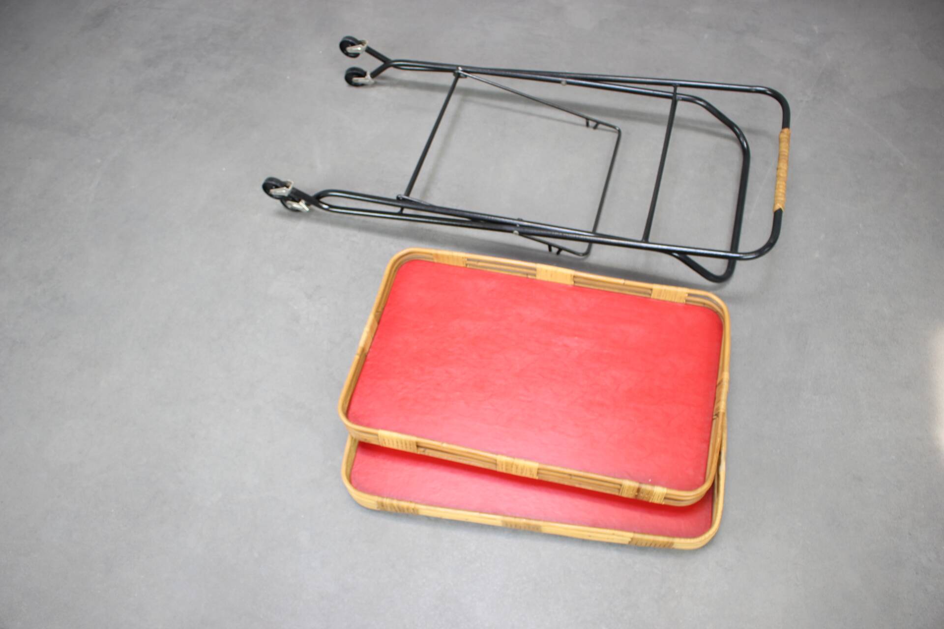 1960s Czechoslovak Mid-Century Folding Bamboo Serving Trolley Bar Cart