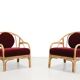 Set of 2 bamboo and rattan armchairs with Bordeaux red mohair upholstery
