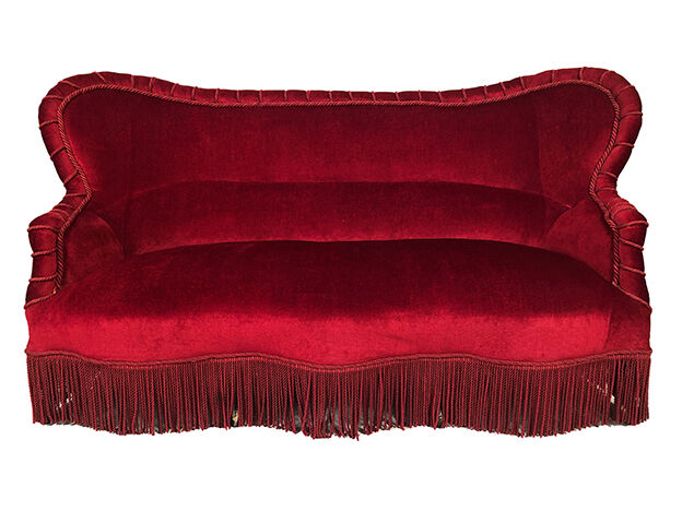 Napoleon III confidant sofa, red velvet trim redone