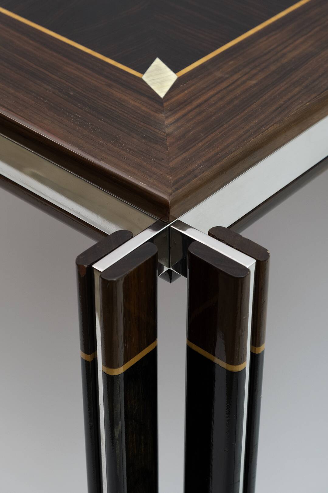Paolo Barracchia Italian Steel and Inlaid Wood Dinning Table by Roman Deco