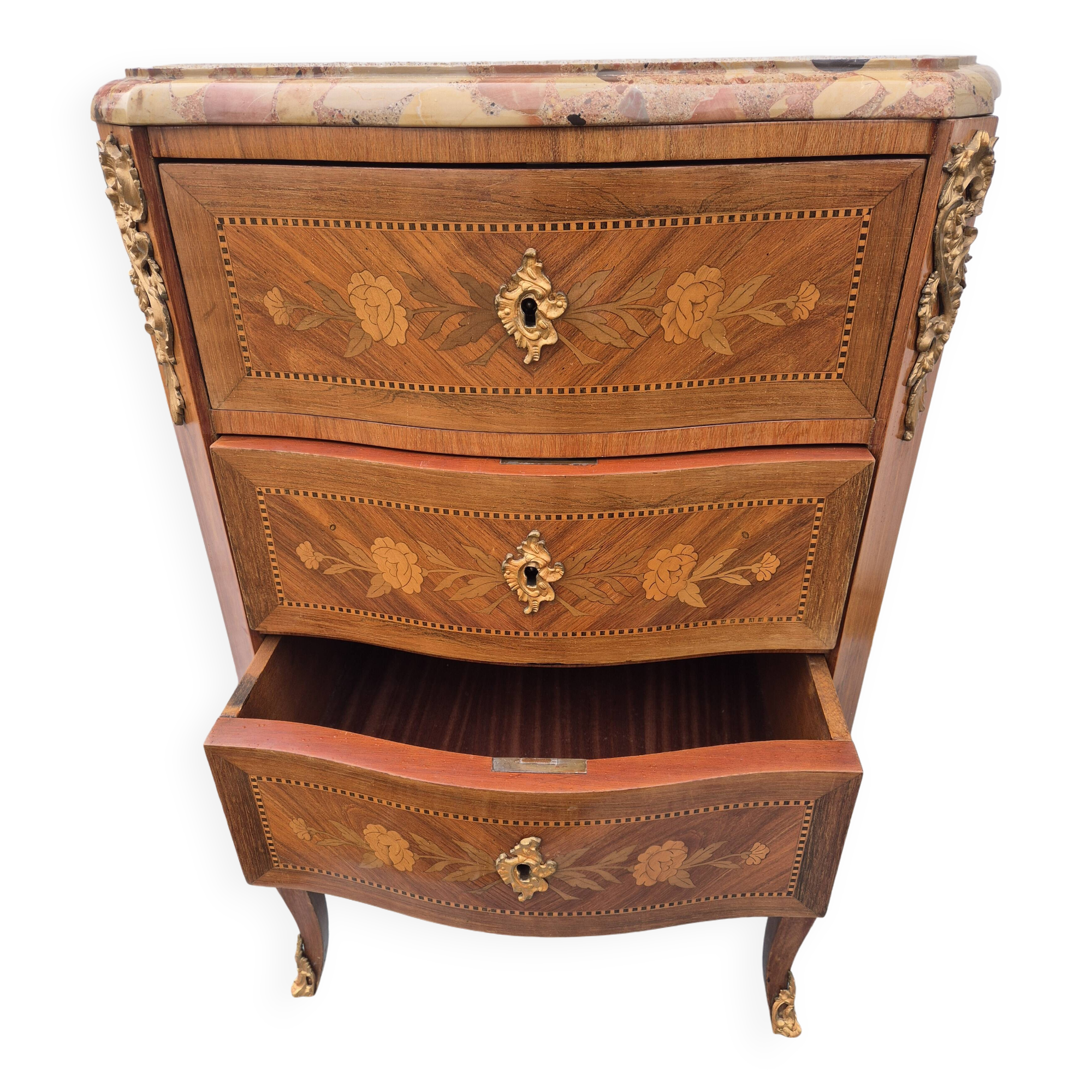 Curved chest of drawers with 3 marquetry drawers and marble top