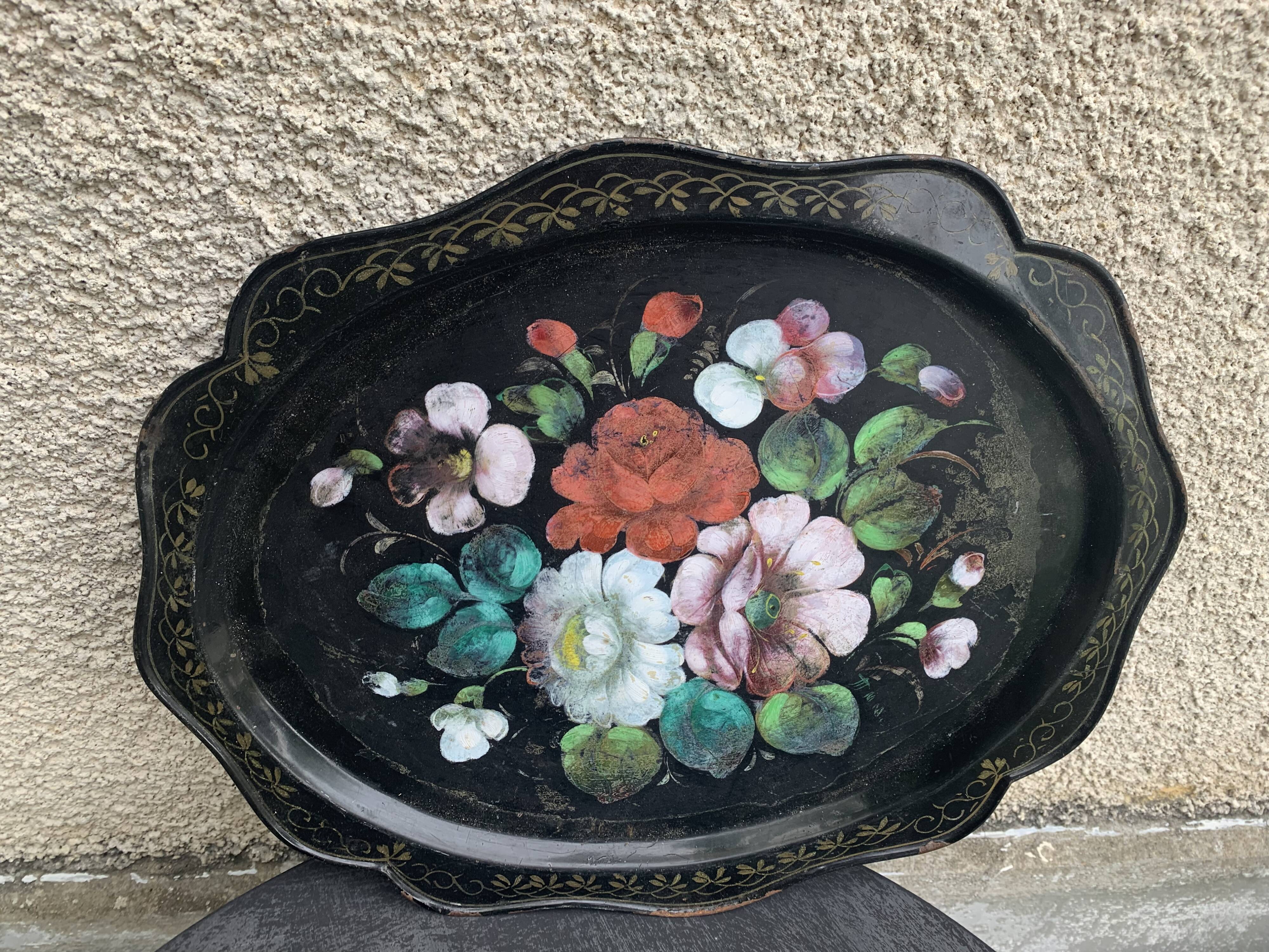 Bohemian and folkloric tray hand-painted flowers on a black metal background