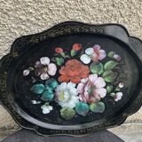 Bohemian and folkloric tray hand-painted flowers on a black metal background