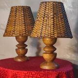 pair of Scandinavian bedside lamps in wicker wood, very good condition, 32x13