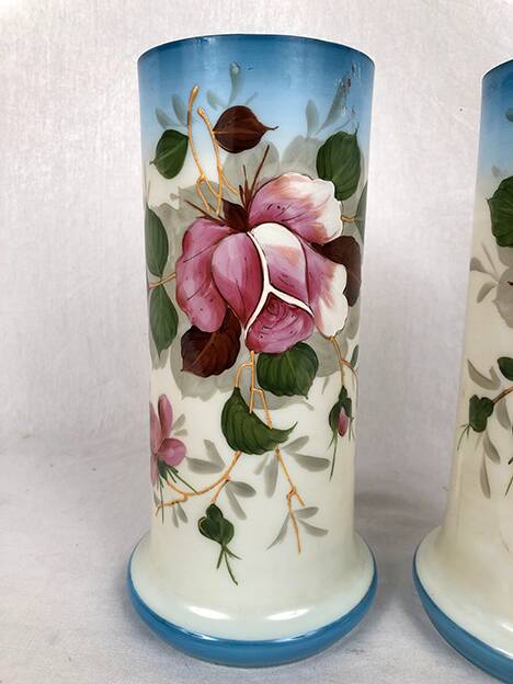 Pair of opaline vases with enameled decoration, late 19th century