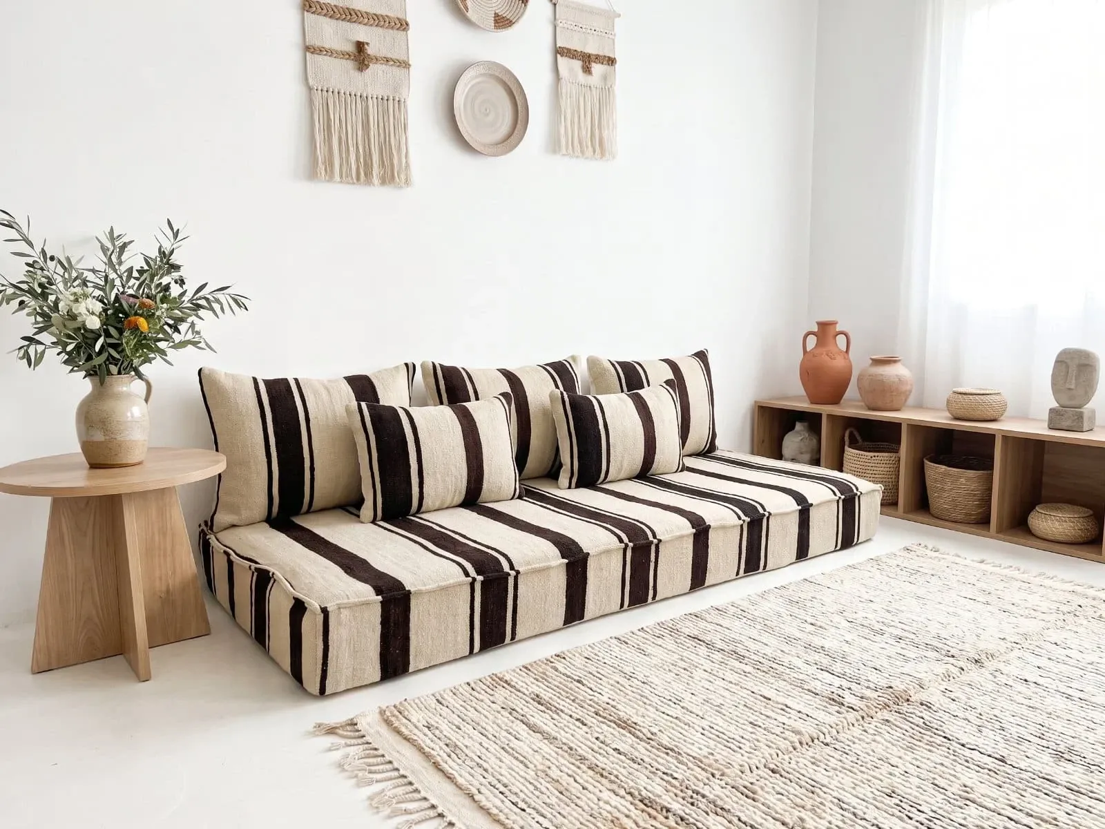Brown striped kilim floor cushion – handwoven wool, cream base