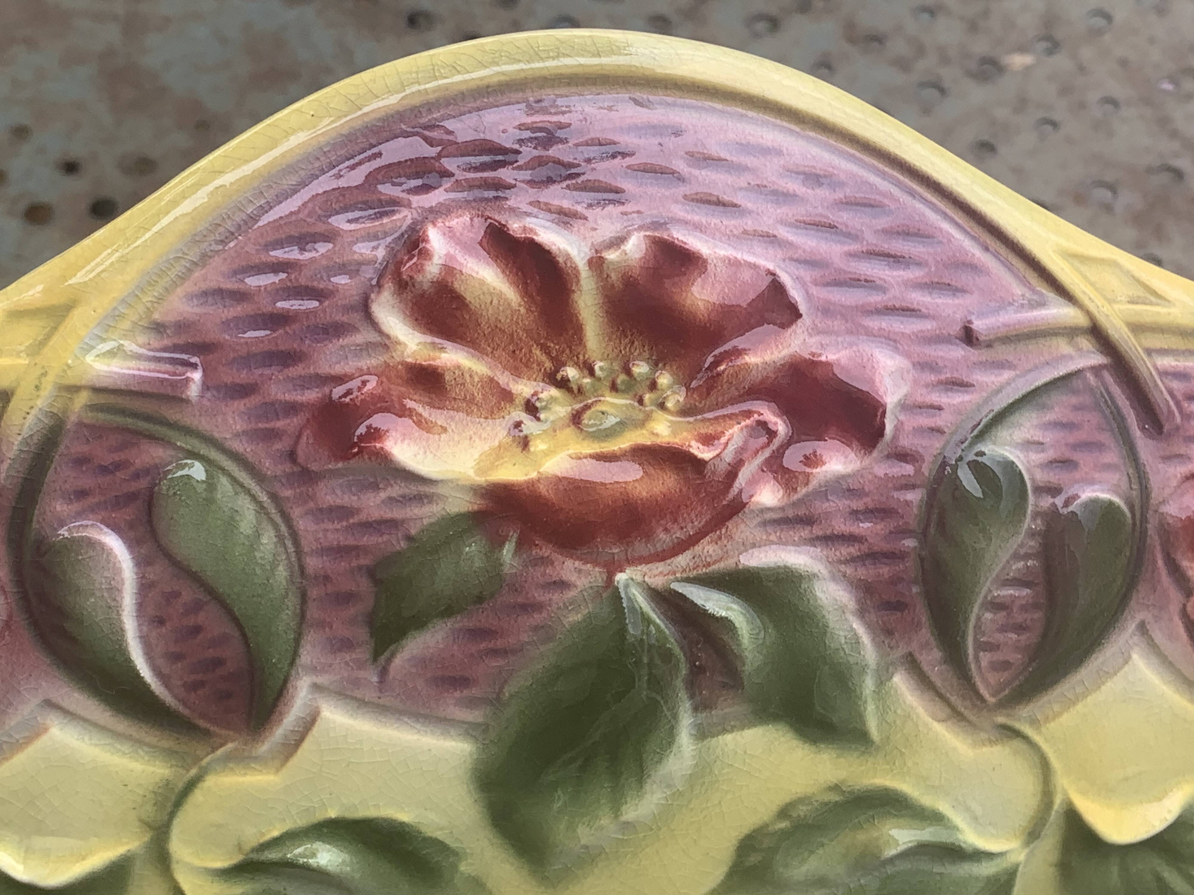 Yellow glazed ceramic slip planter, hawthorn pink flower pattern, art deco