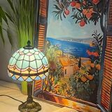 Vintage and Tiffany inspiration lamp | Coloured glass in blue & pastel pink