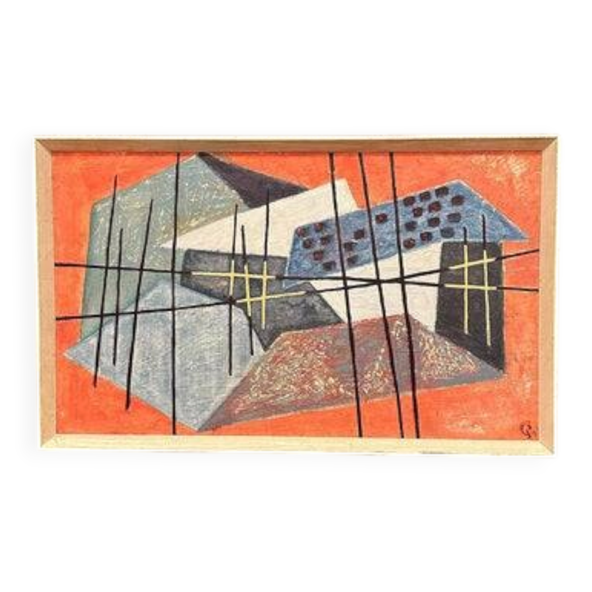 Original Swedish Abstract Oil on Panel – “Roofscape” – Signed – Vintage