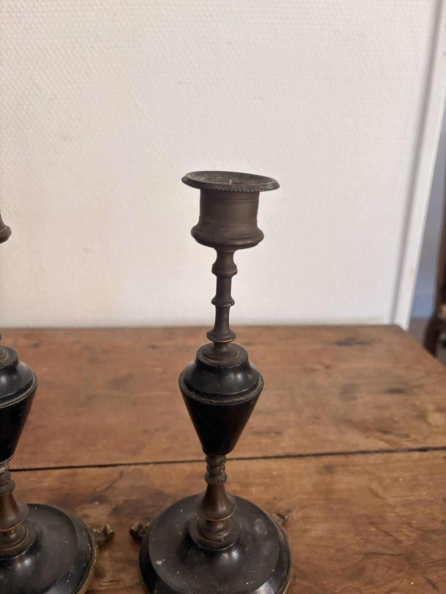 Pair of Antique Patinated Bronze and Brass Candle Holders Napoleon III Fireplace Garnish