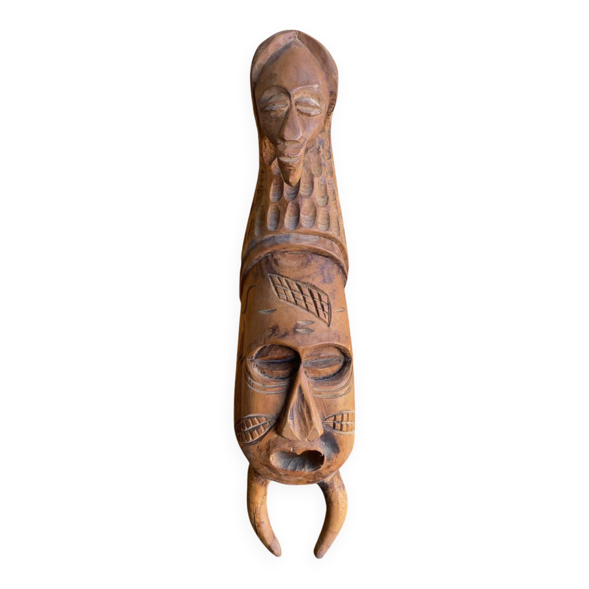 Sculpture African Mask Handcrafted Carved Wood Vintage #D882