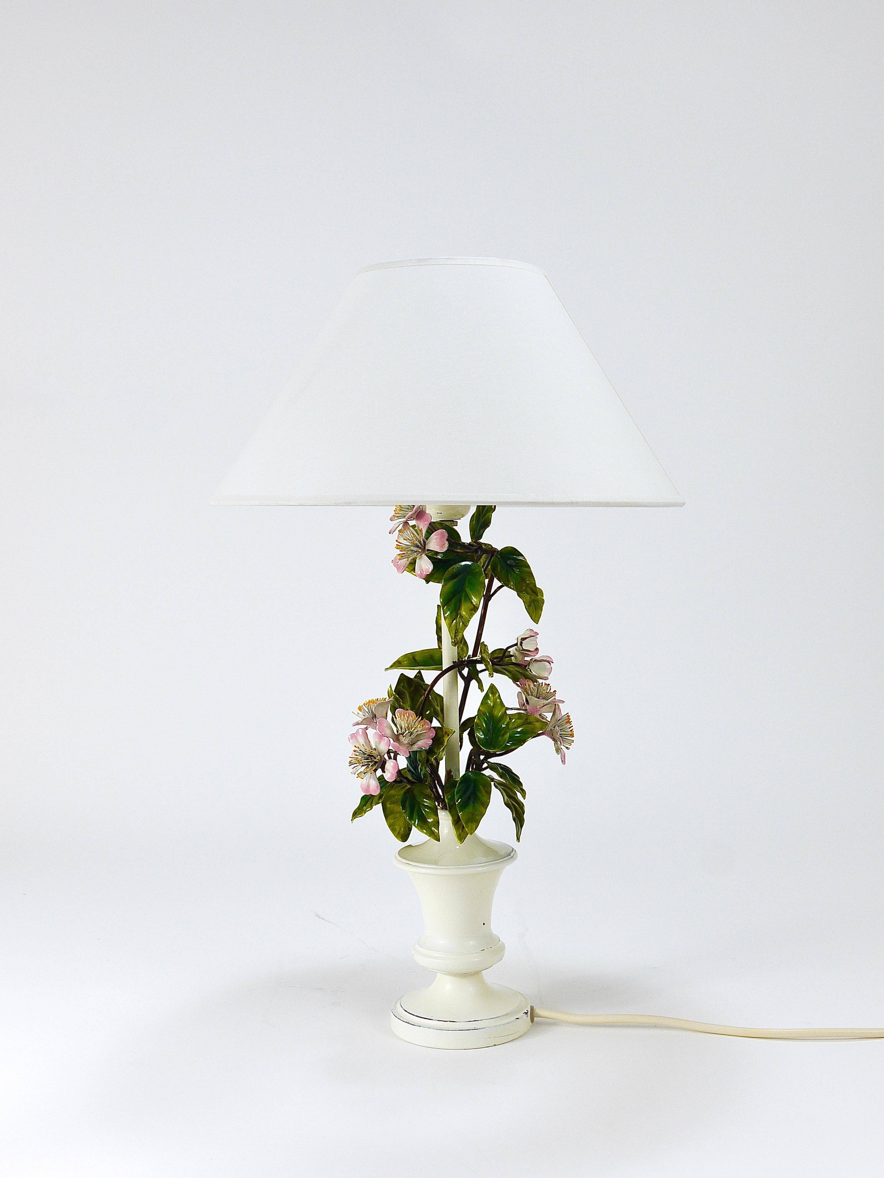 Hand-painted Toleware table lamp with wild apple blossom flowers, Salvadori, Italy, 1950s.