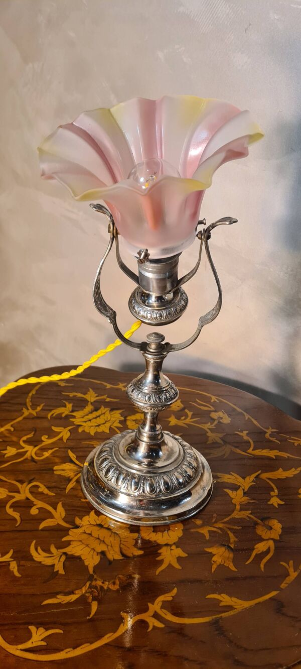 lampe de marine bronze nickelé art nouveau, tulipe opaline tri colors  ,33x