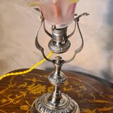 Art Nouveau nickel-plated bronze marine lamp, tri-color opaline tulip shade, 33x