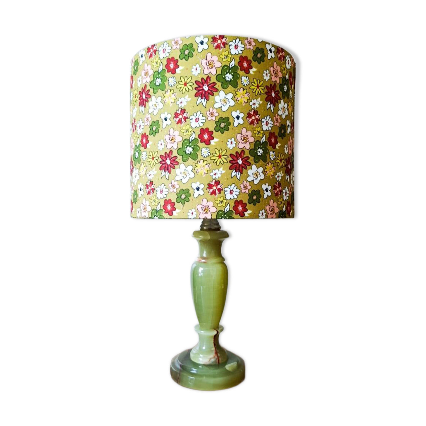 Vintage retro lamp with green marble base, floral shade.