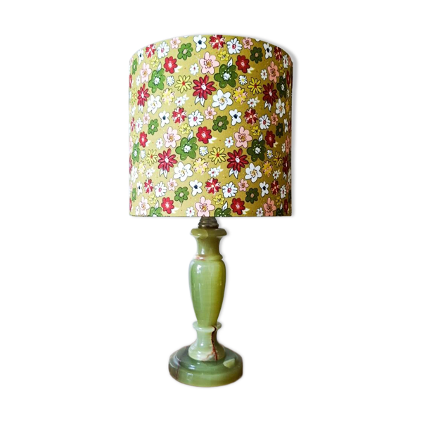 Lampe rétro vintage pied marbre vert, abat-jour floral