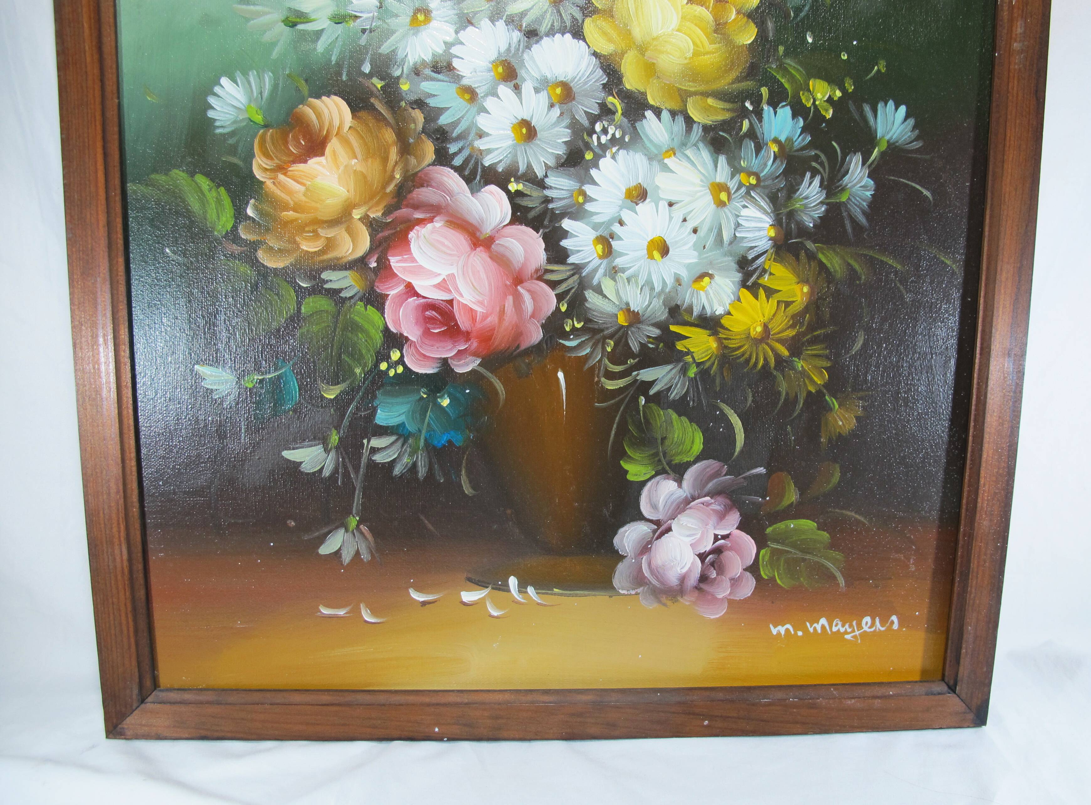 Oil painting still life vase bouquet of flowers signed