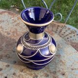 Vase and small teapot in cobalt blue enameled ceramic with artisanal and oriental pewter inserts