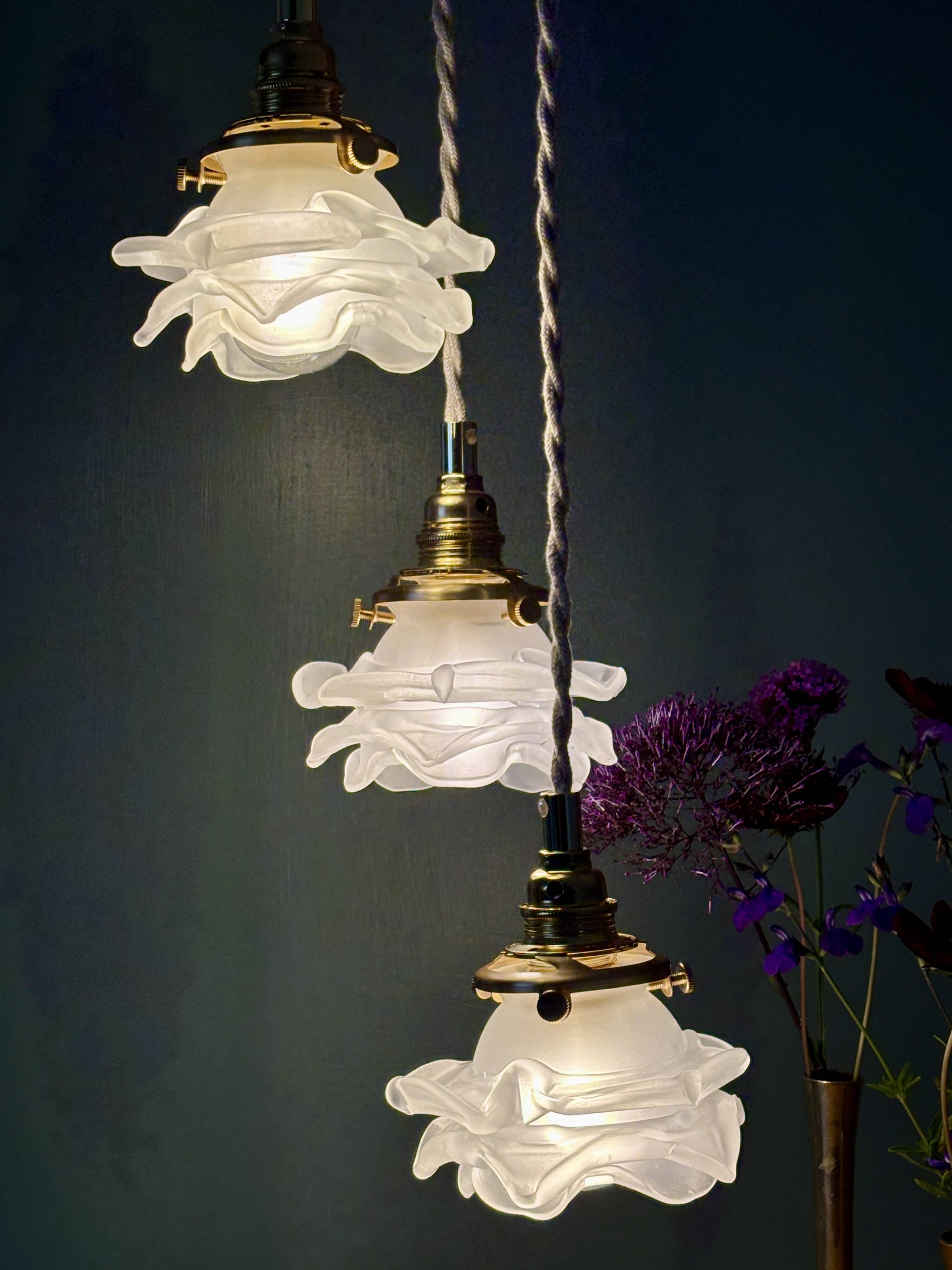 Vintage triple tulip pendant light in frosted glass in the shape of flowers