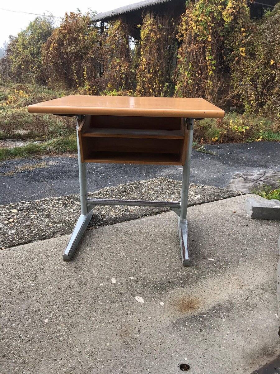 Banc d'école Embru suisse 1960s en bois et acier marron/gris - bureau scolaire vintage