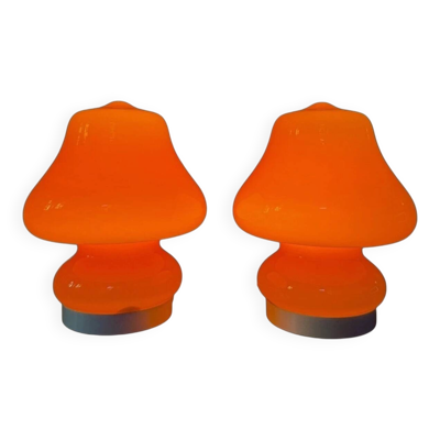 Paire de lampes de table champignon en verre orange 1970, Mazzega