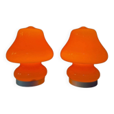 Paire de lampes de table champignon en verre orange 1970, Mazzega