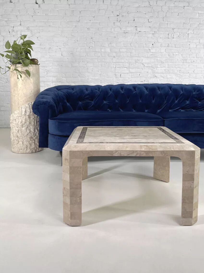 1970s-80s coffee table in stone marquetry and brass.
