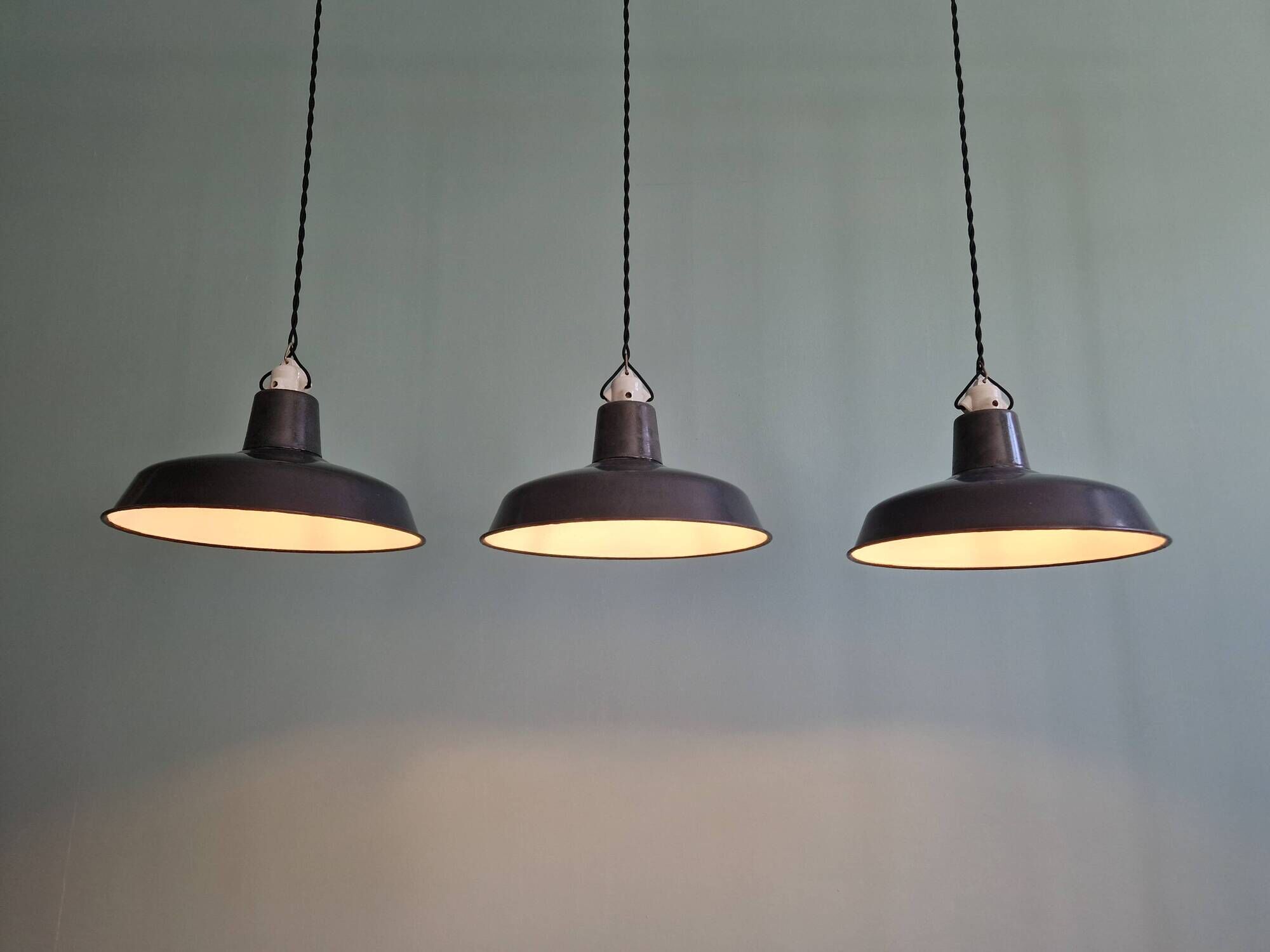 Set of 3 industrial pendant lights in anthracite enameled sheet metal