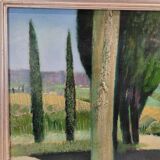 Huile sur toile « L'allée des cyprès », René Genis