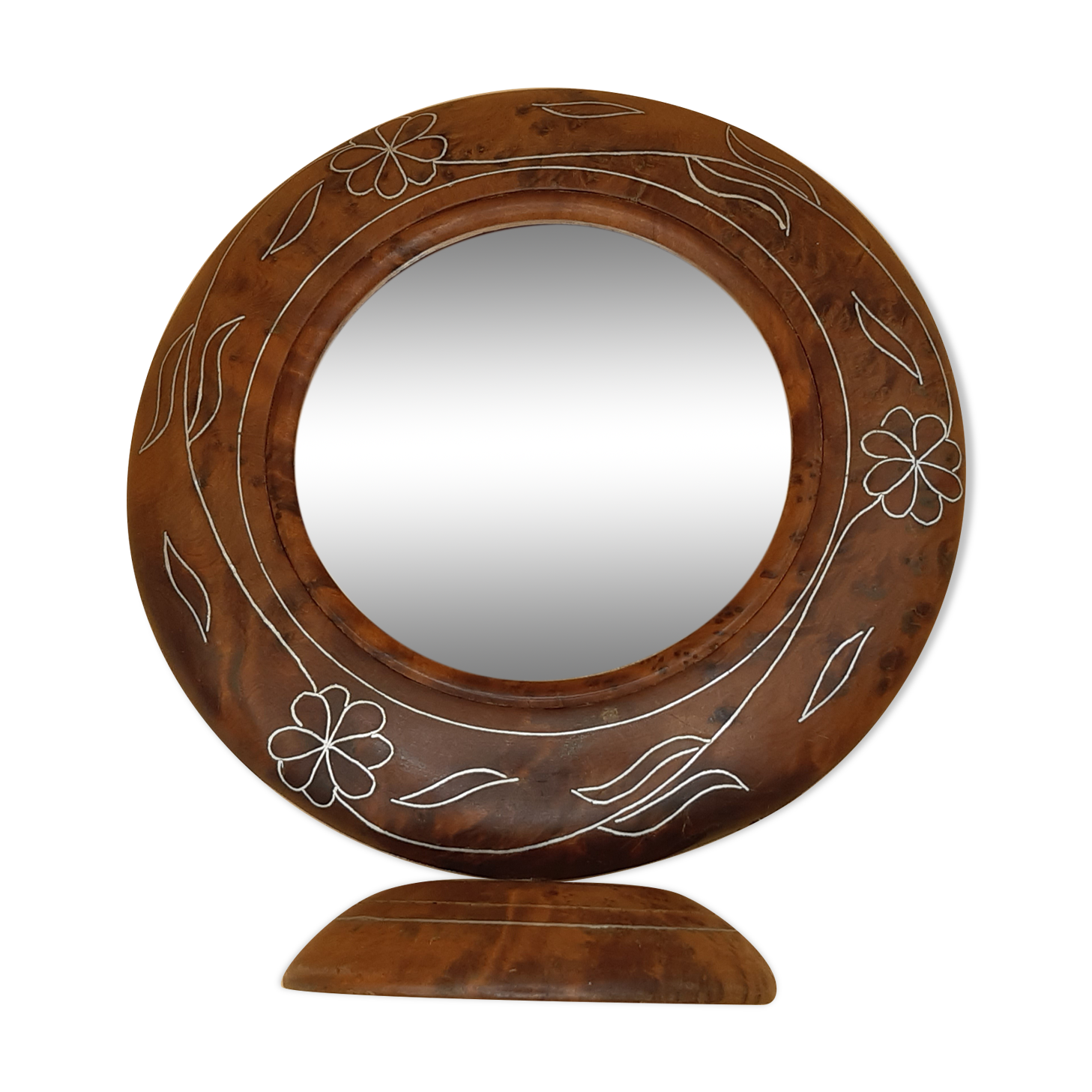 Antique mirror on wooden stand and metal net