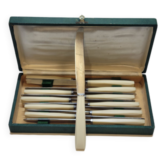 Household box of 12 vintage stainless steel knives and unbreakable resin