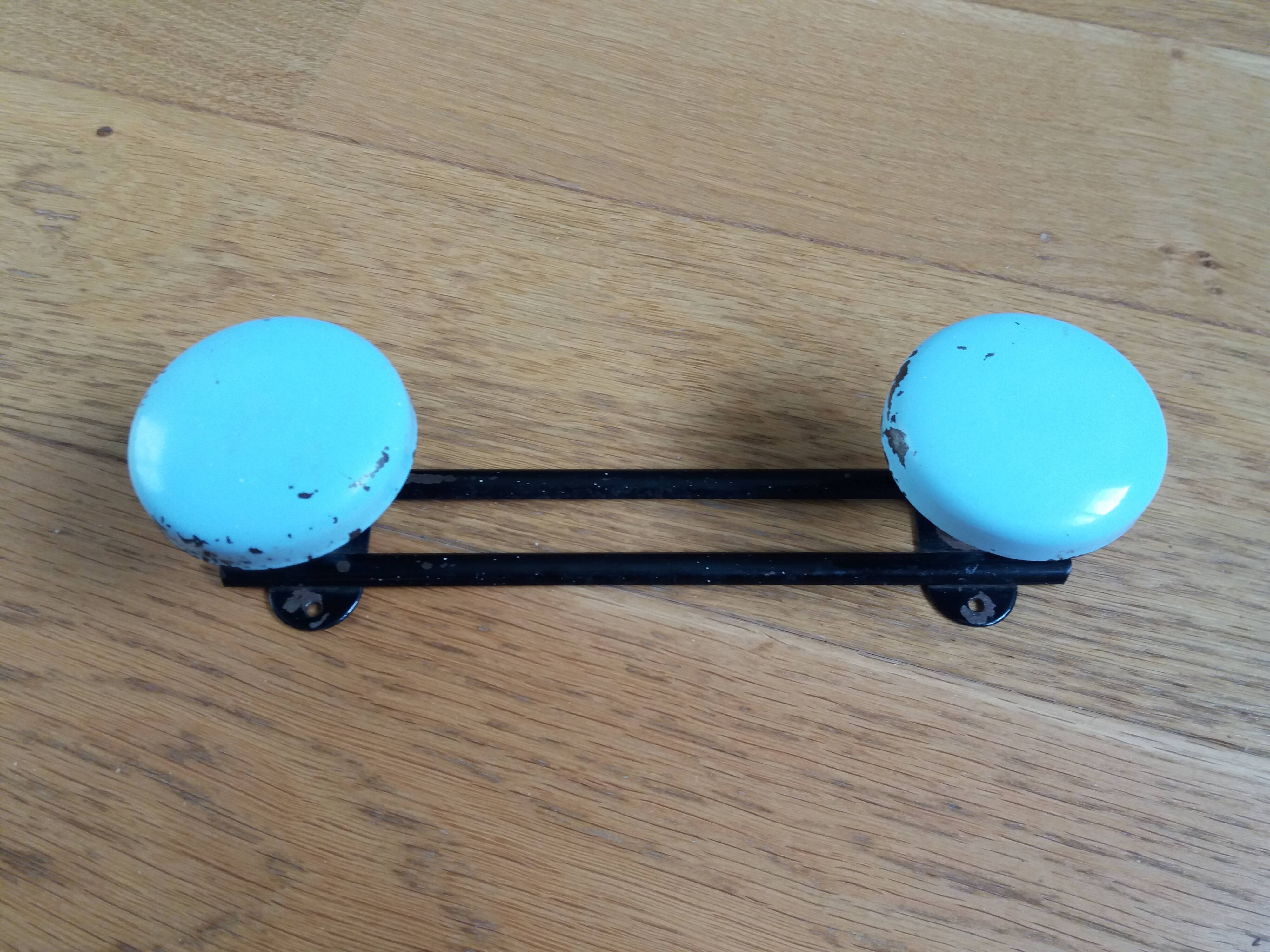Wall coat rack with 2 vintage hooks from the 60s and 70s