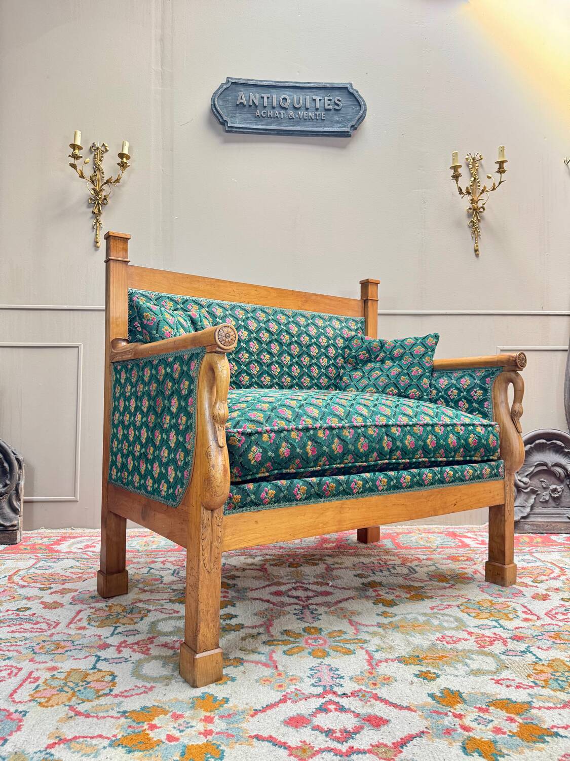 19th century Empire period cherry wood wall bench