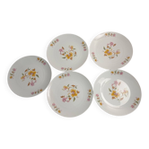 5 assiettes plates à décor floral en porcelaine