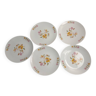 5 assiettes plates à décor floral en porcelaine