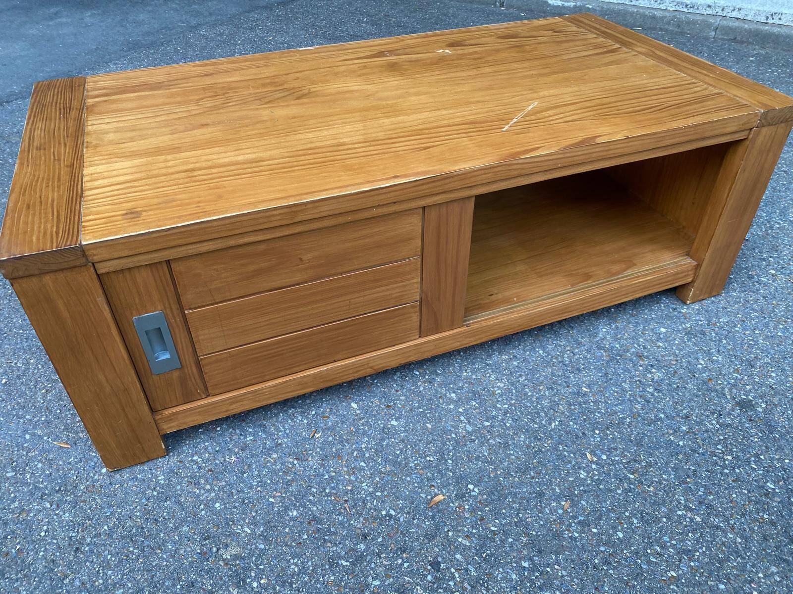 Solid wood coffee table with sliding door, stained pine, 120x60cm.