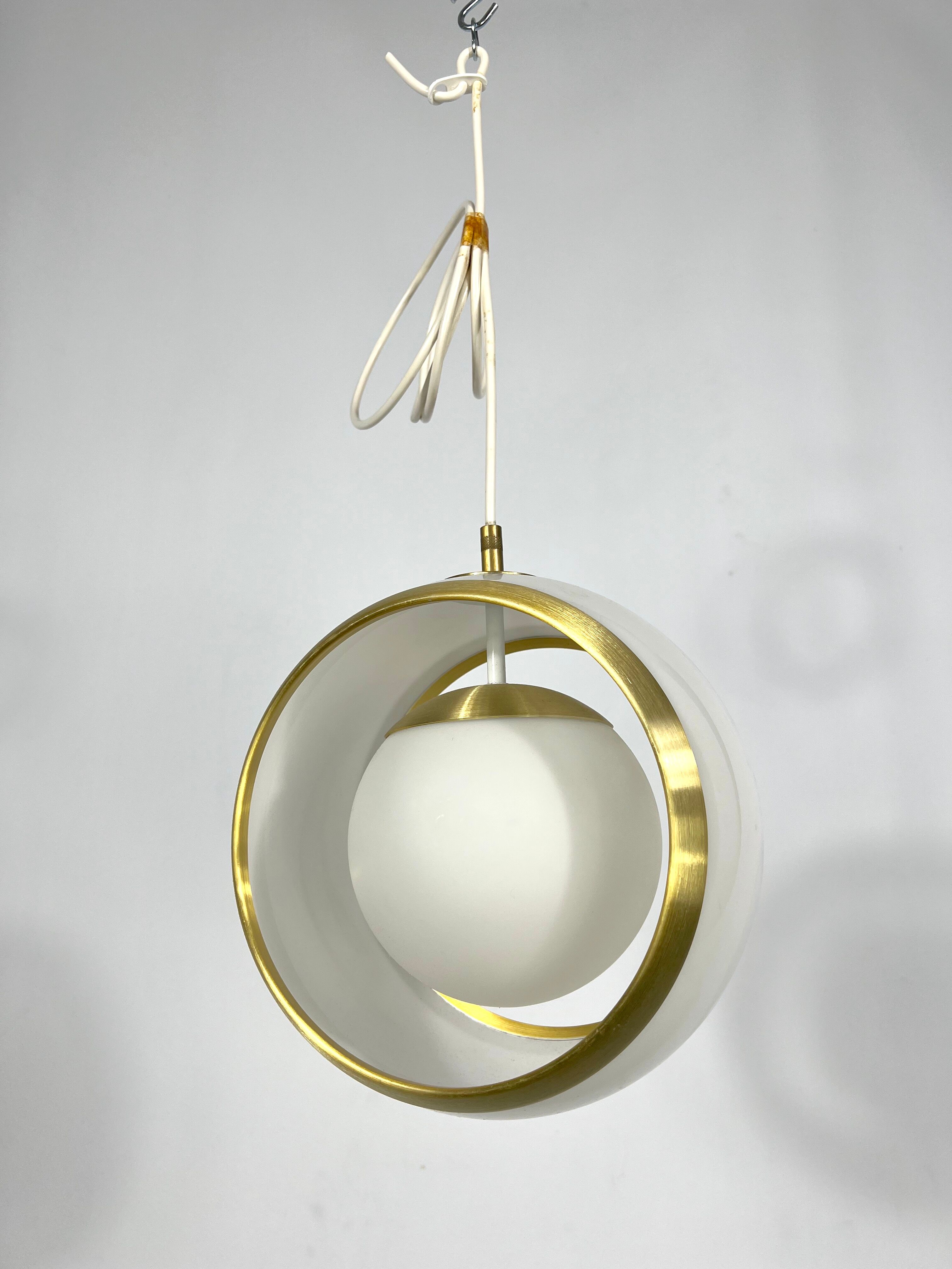 Stilux Milano, gilded aluminum, opaline and perspex pendant. Italy 1960s