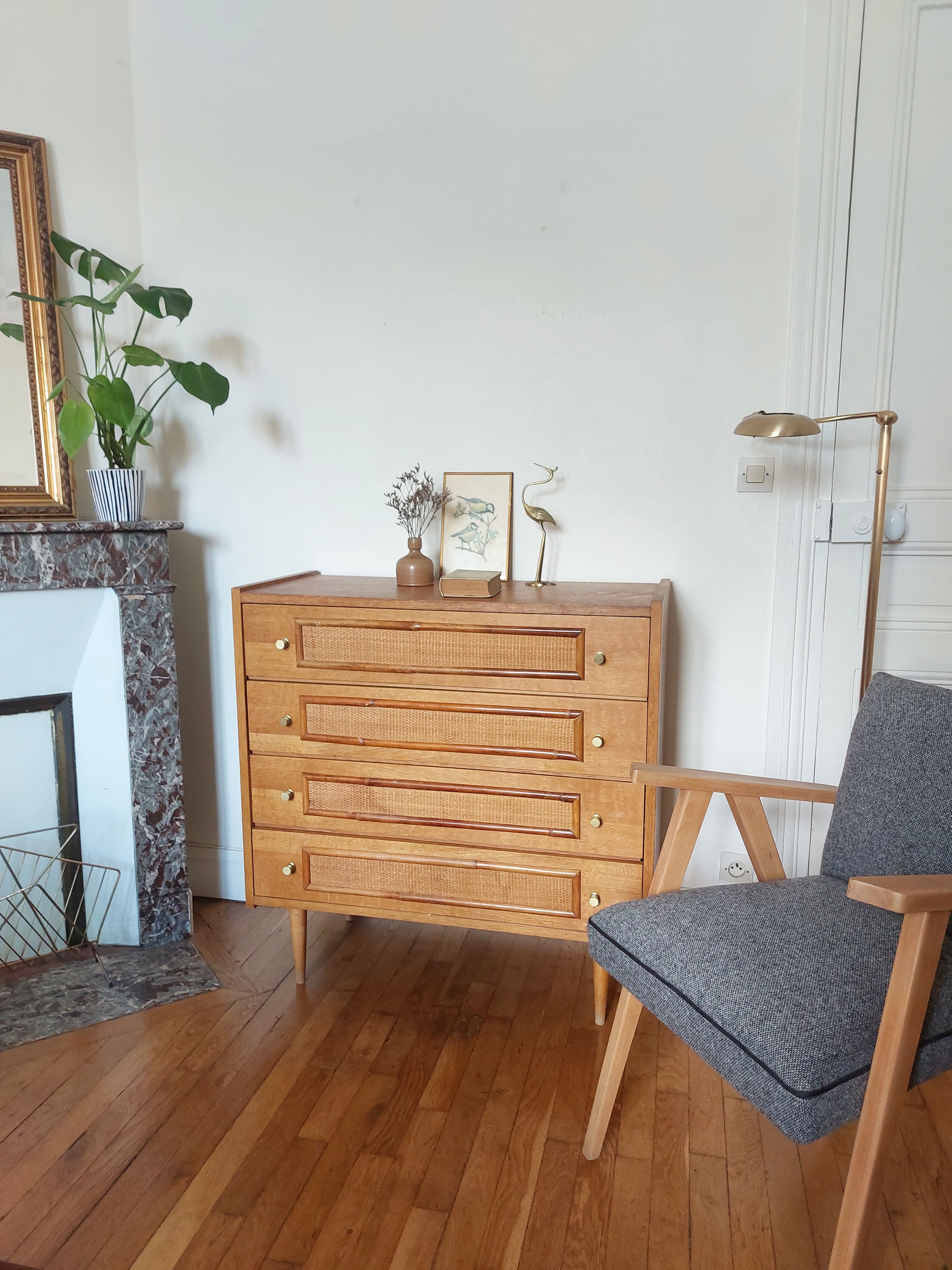 Vintage wood and rattan chest of drawers