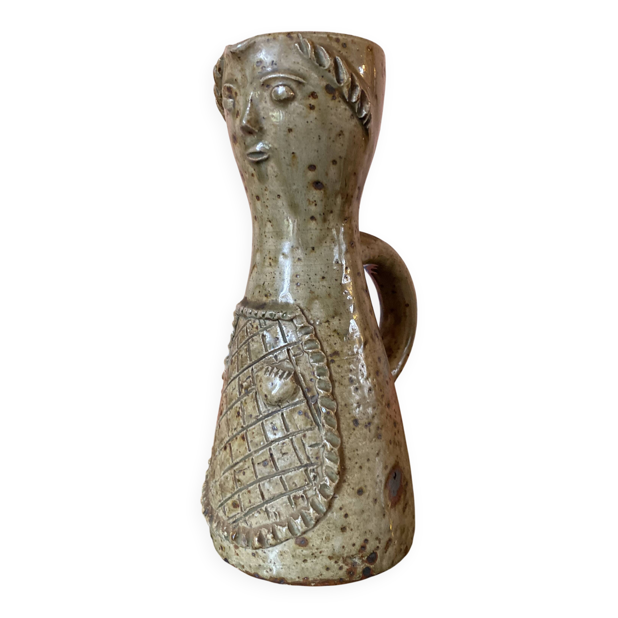 Anthropomorphic stoneware pitcher signed Jean Lerat