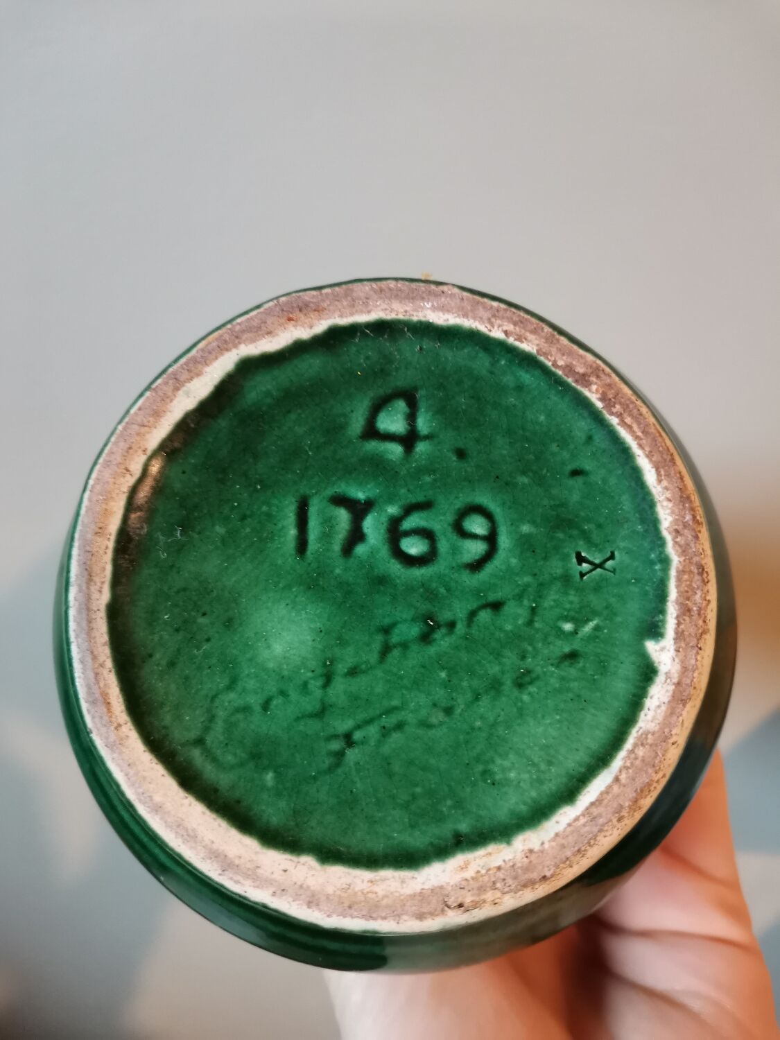 Vintage green ceramic vase signed numbered Longchamp France 1769