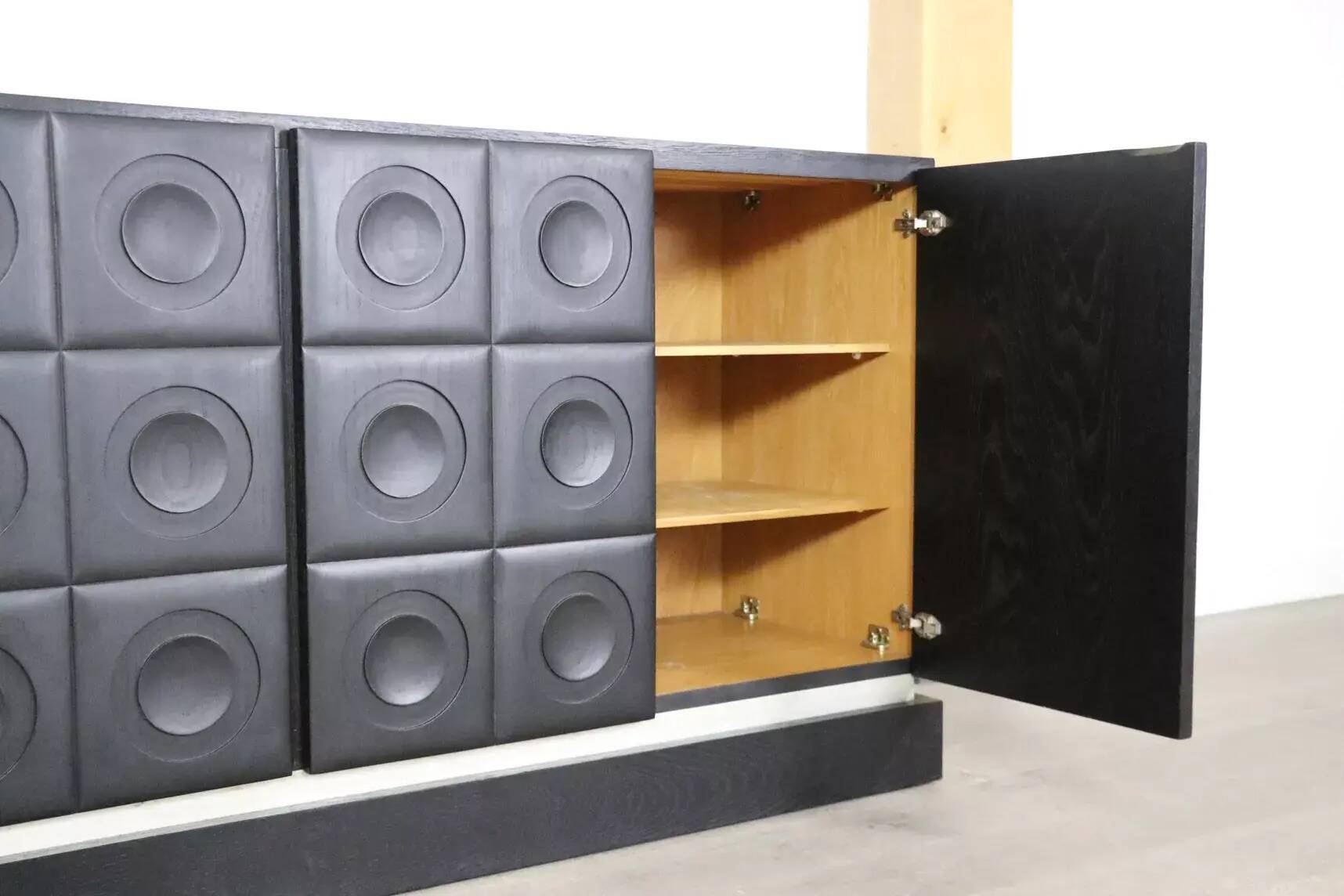 Midcentury Modern Brutalist Sideboard In Black Carved Wood And Chrome, Belgium, 1970s