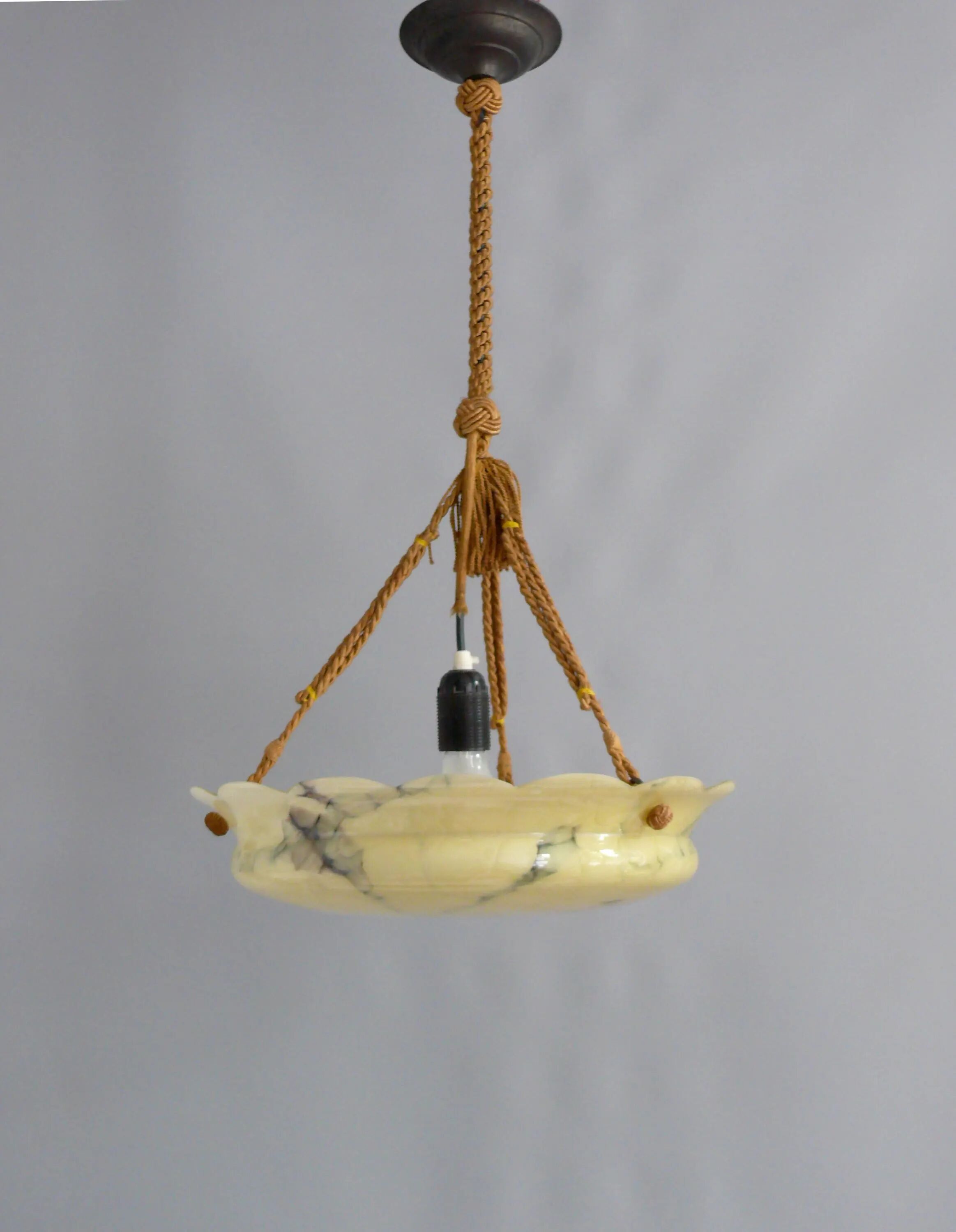 Large Art Deco pendant light in marbled glass with rope suspension, 1920s-1930s