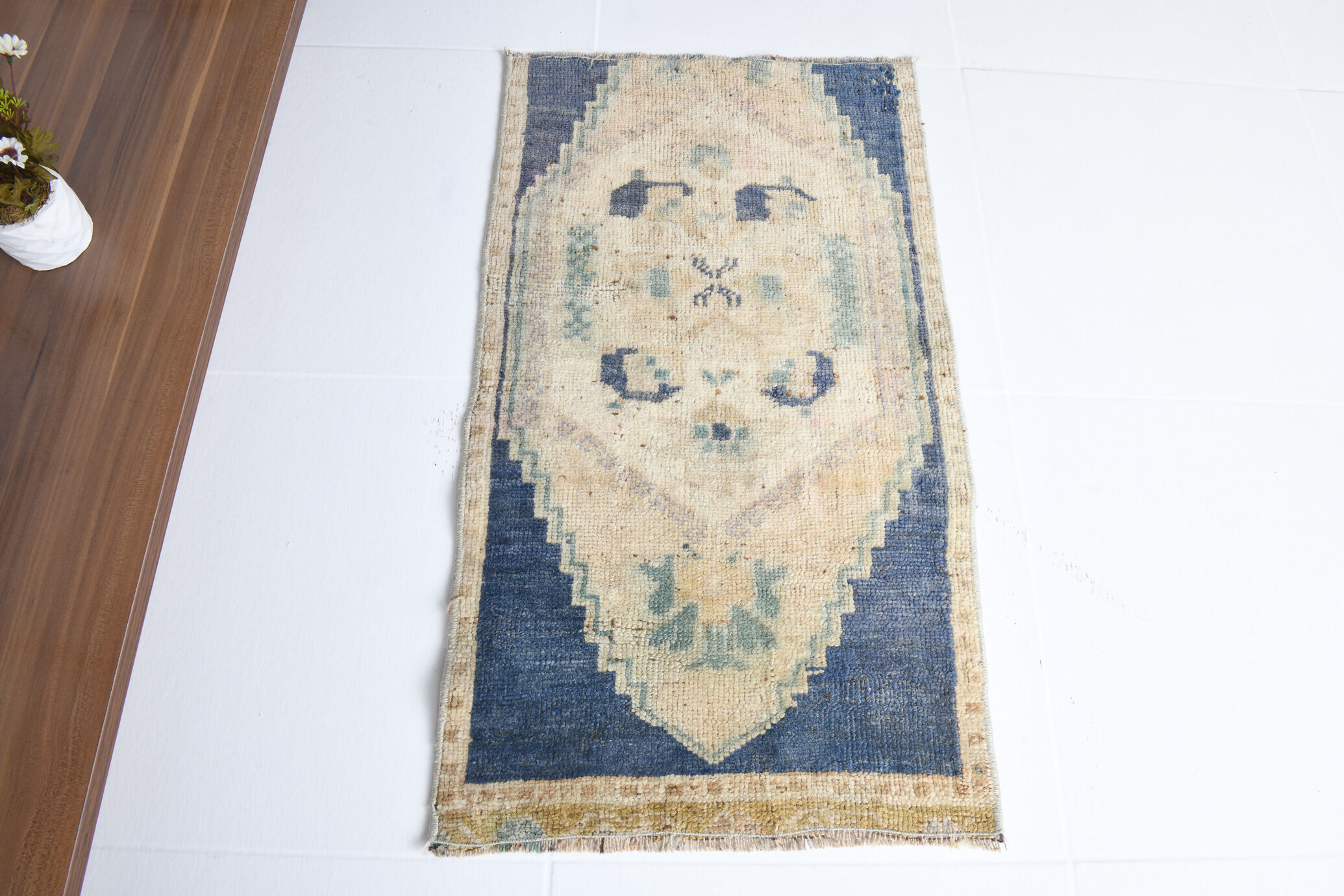 1X2 Blue vintage door mat rug, 1x2 Blue door mat rug, 2.7x1.5 Ft
